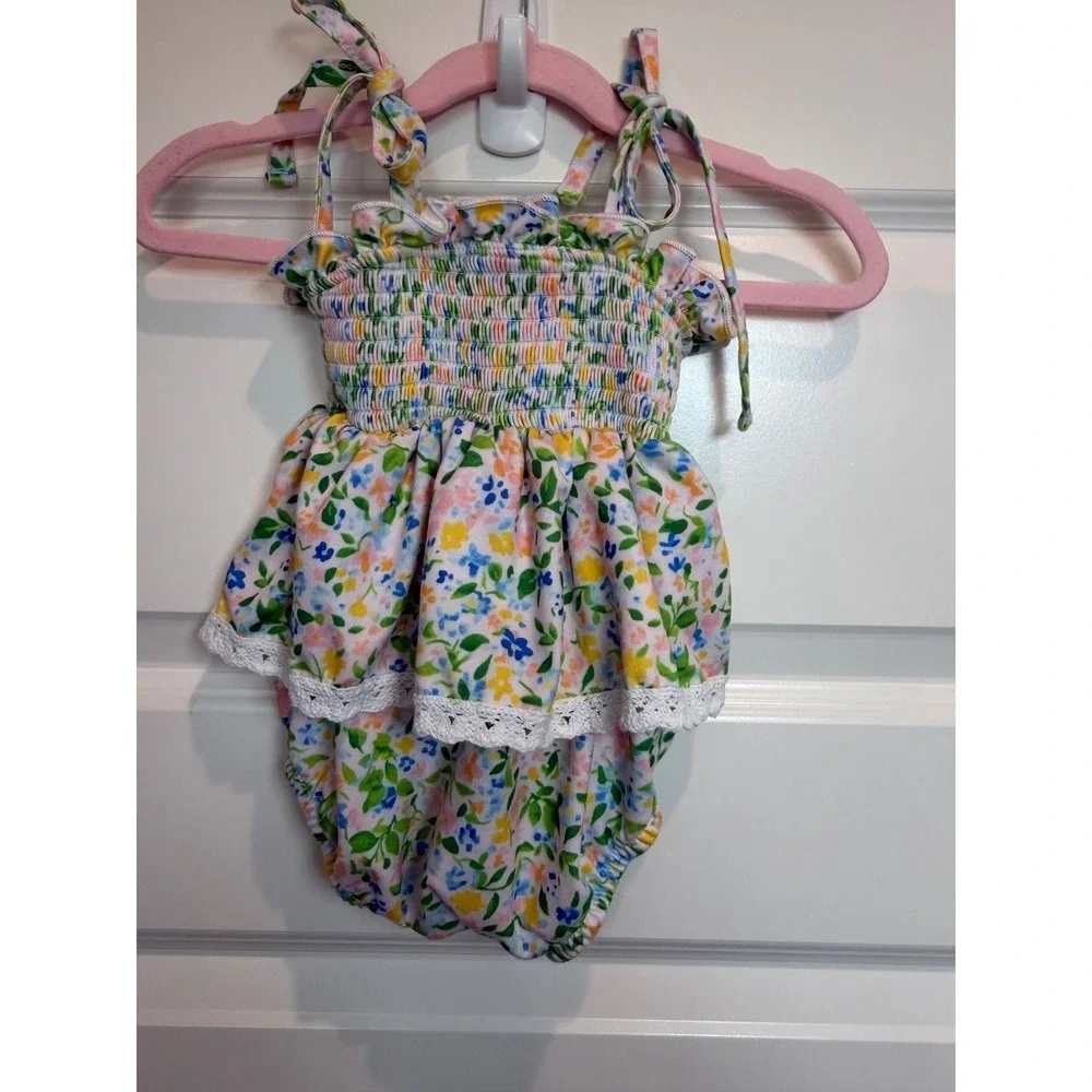 30.Marie Nicole Clothing Floral Smocked Bubble Romper Lace Trim Multi Color 3-6M